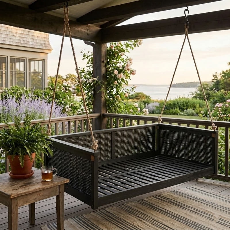 Porch Daybed Swing Outdoor Wooden Swing Bench, Patio Hanging Chair Swinging Bed with Long Ropes for Garden, Backyard, Deck