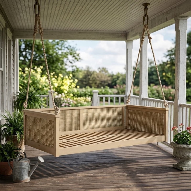 Porch Daybed Swing Outdoor Wooden Swing Bench, Patio Hanging Chair Swinging Bed with Long Ropes for Garden, Backyard, Deck