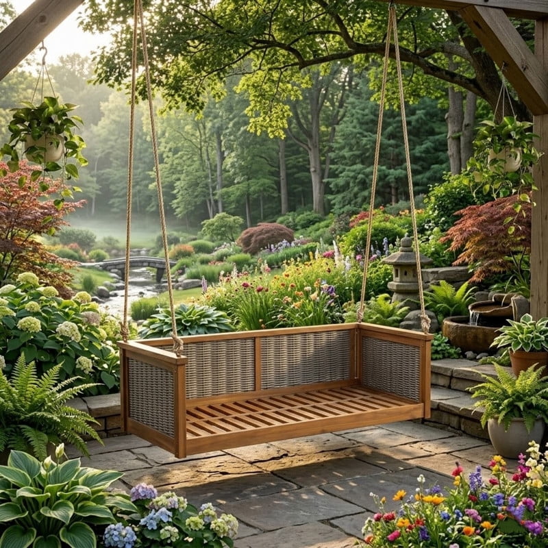 Porch Daybed Swing Outdoor Wooden Swing Bench, Patio Hanging Chair Swinging Bed with Long Ropes for Garden, Backyard, Deck