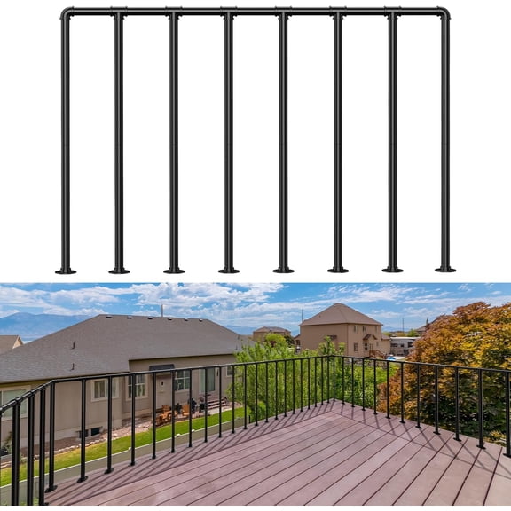 Porch Deck Railing Kit, Metal Deck Balusters, Black Horizontal Wrought Iron Guard Fence Handrail, Flat Hand Rails System for Outdoor/Indoor Porch, Balcony, Patio, 1 Pack