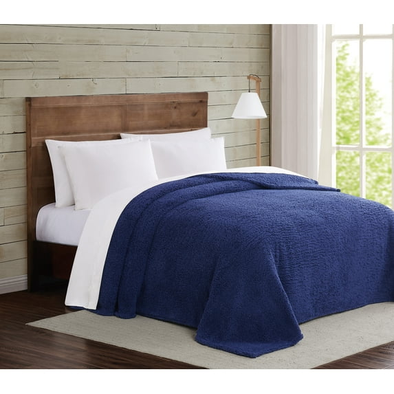 Brooklyn Loom Marshmallow Sherpa Navy Full/Queen Blanket 100% Polyester Microfiber Plush, Solid Casual themed, Adult Bedding, OEKO-TEX Certified
