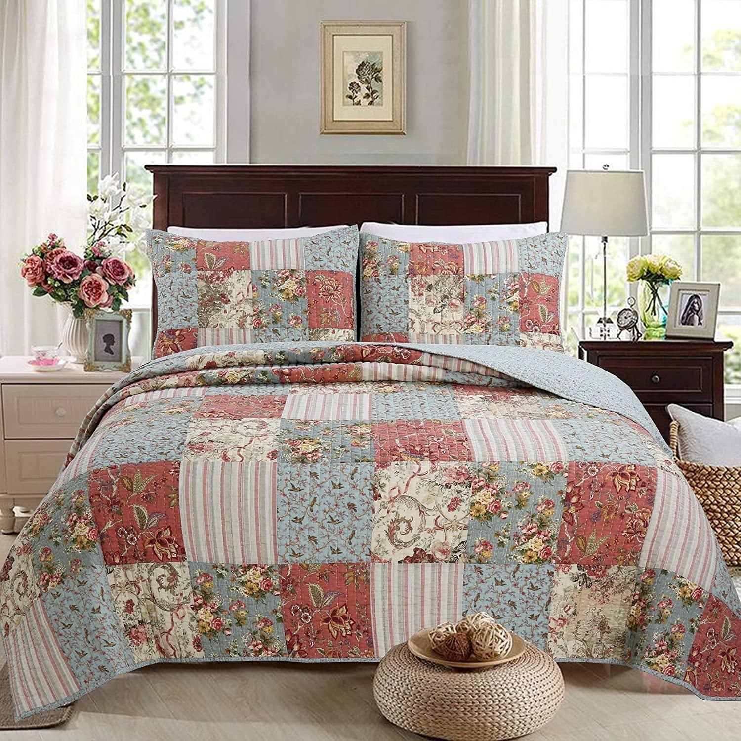 King Size Pink and Aqua Cotton Reversible Quilt Set