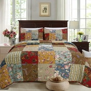Porch & Den Arbordale Floral Patchwork Cotton 3-piece Reversible Quilt Bedding Set Beige,Red,Yellow/Blue Queen