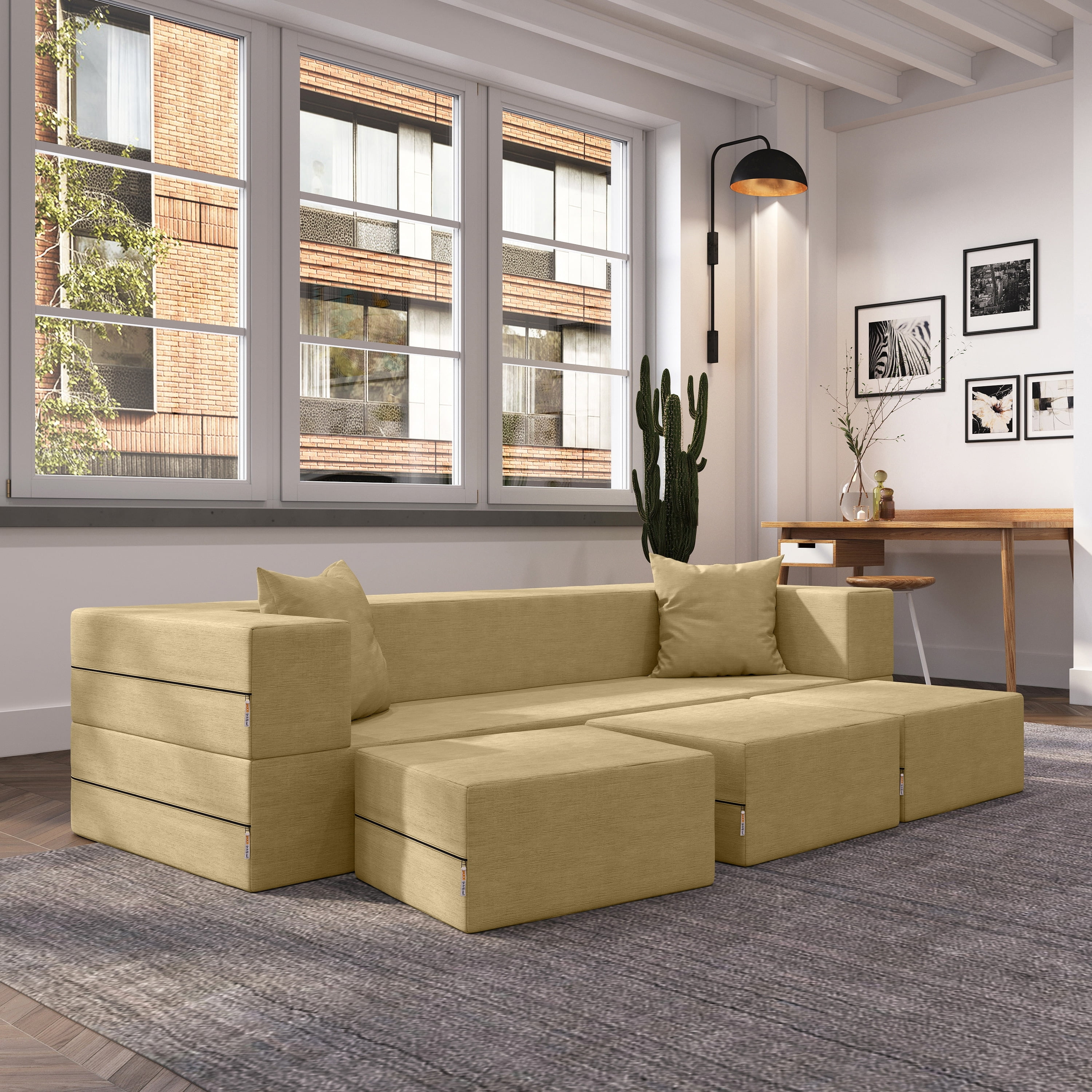 Camel Velvet California King Convertible Sleeper Sofa with Ottomans