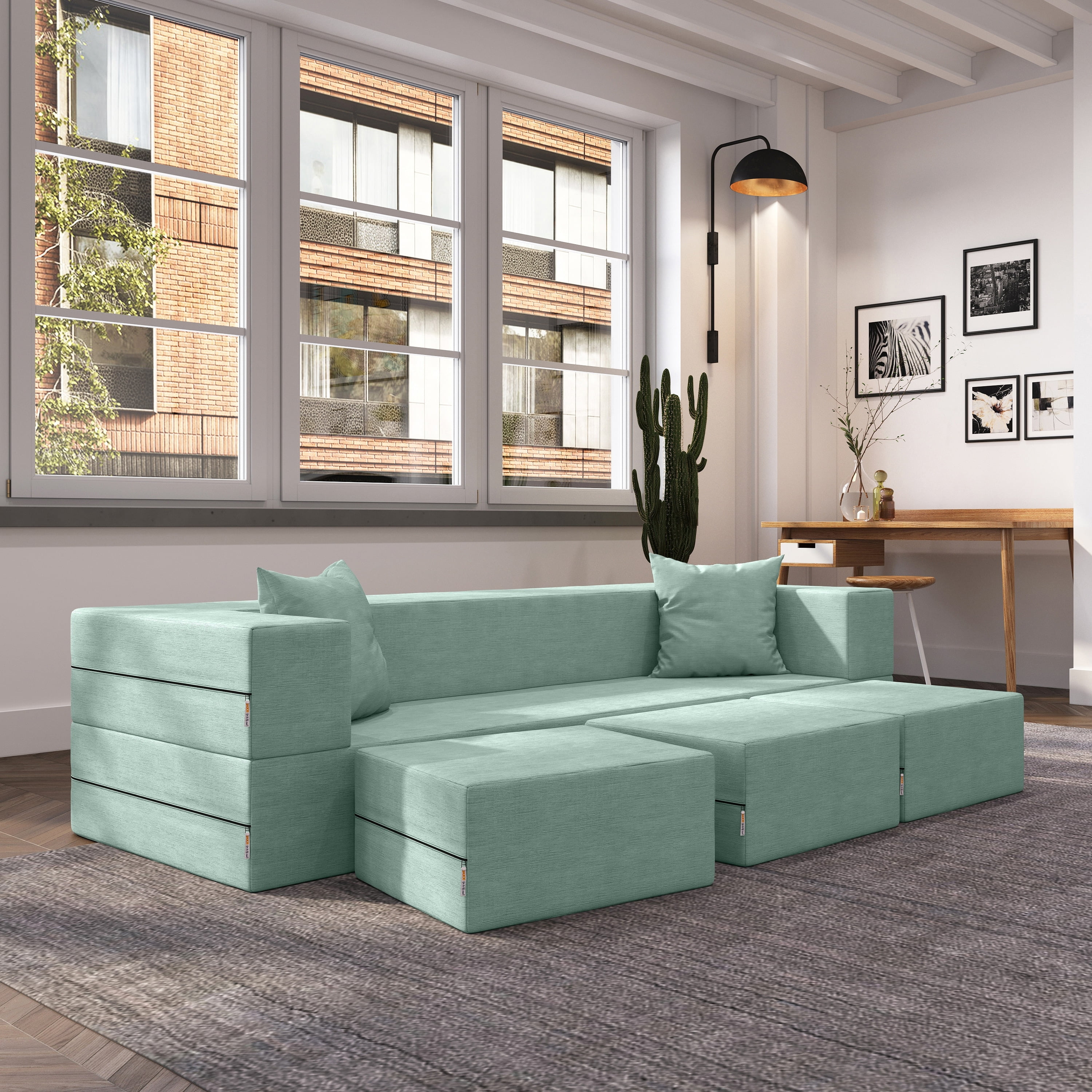 Caribbean Foam Velvet Convertible Sleeper Sofa with Ottomans