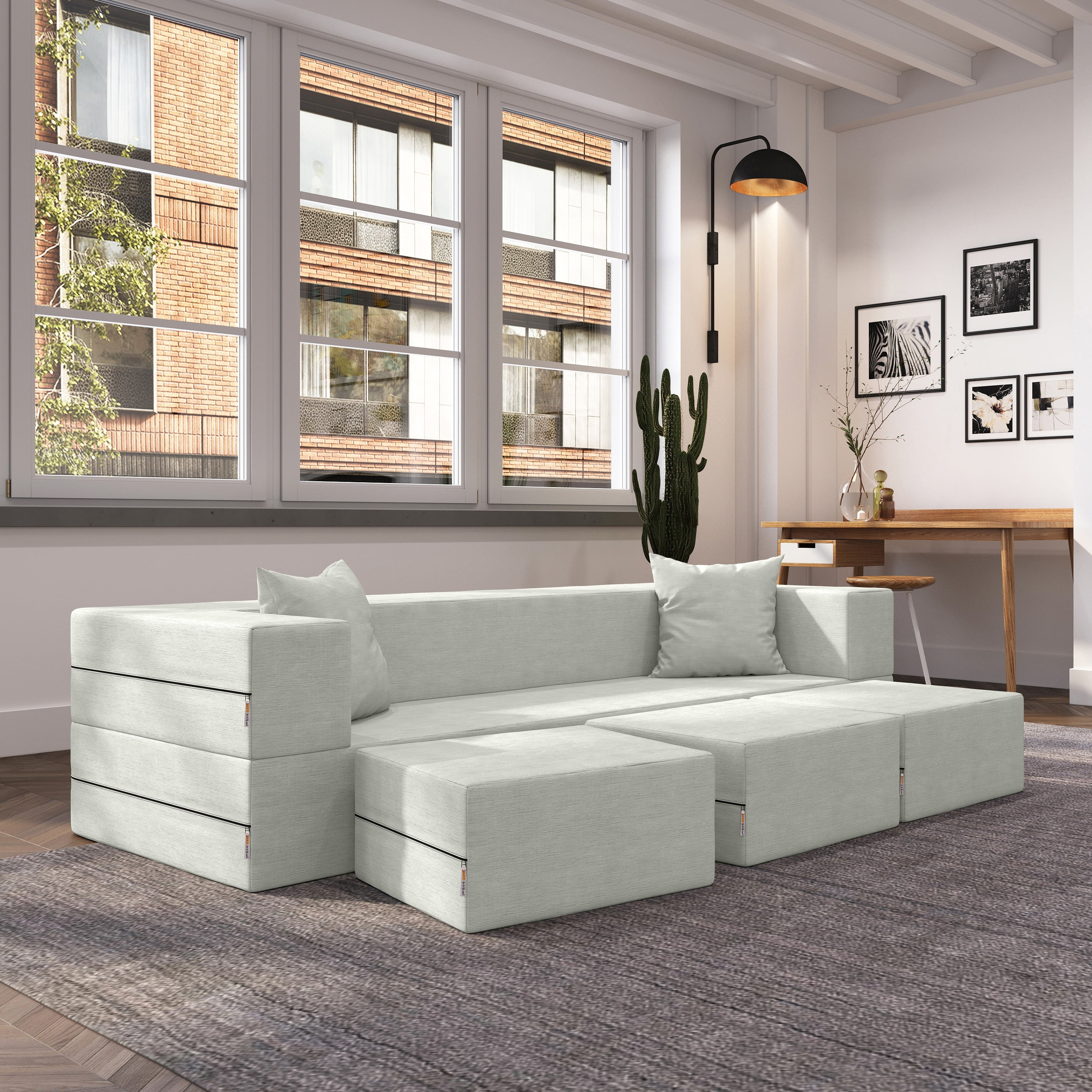 Ice Velvet Convertible Sleeper Sofa with Ottoman Set
