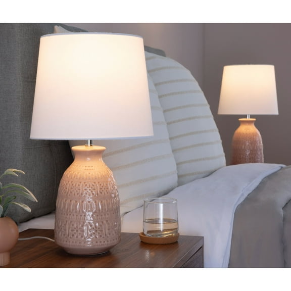 Porch & Den Claudia 20" Ceramic Table Lamp with Patterned Base & Linen Shade (Set of 2) - 20 Rose Tan Ceramic/White Shade