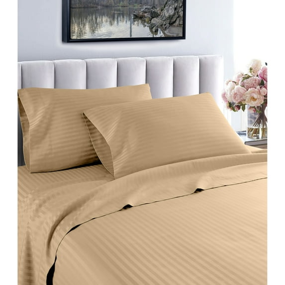 Striped 1200 TC Egyptian Cotton Deep Pocket Bed Sheet Set Taupe Hypoallergenic,Fully Elasticized Fitted Sheet,Cooling Twin Modern & Contemporary