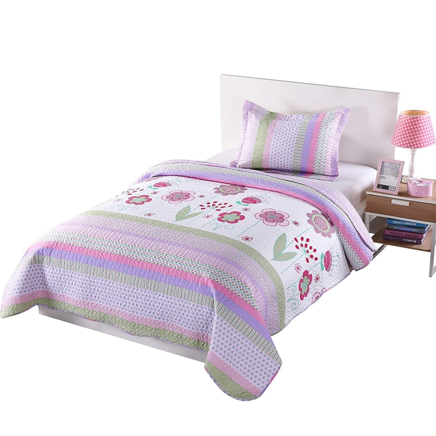 Pink and Purple Floral Microfiber Twin Quilt Set