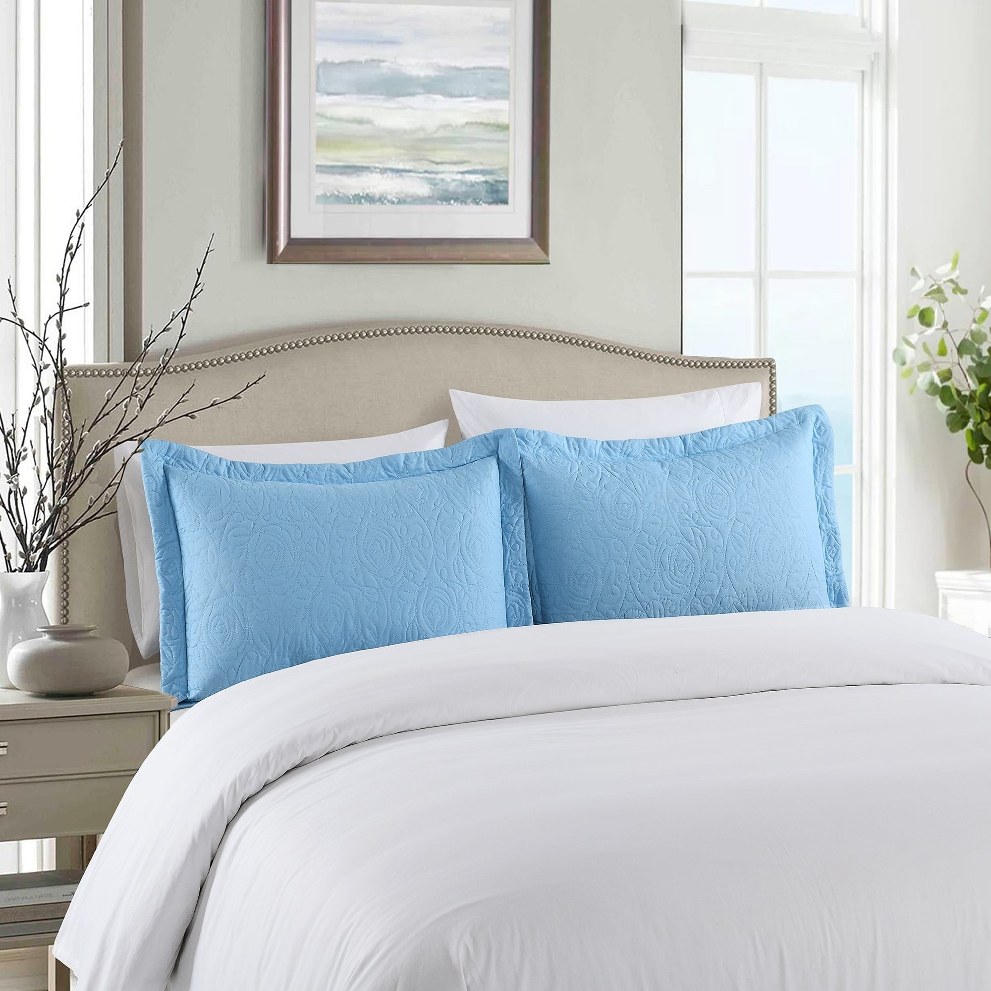 Light Blue Embroidered Hypoallergenic Cotton Standard Shams