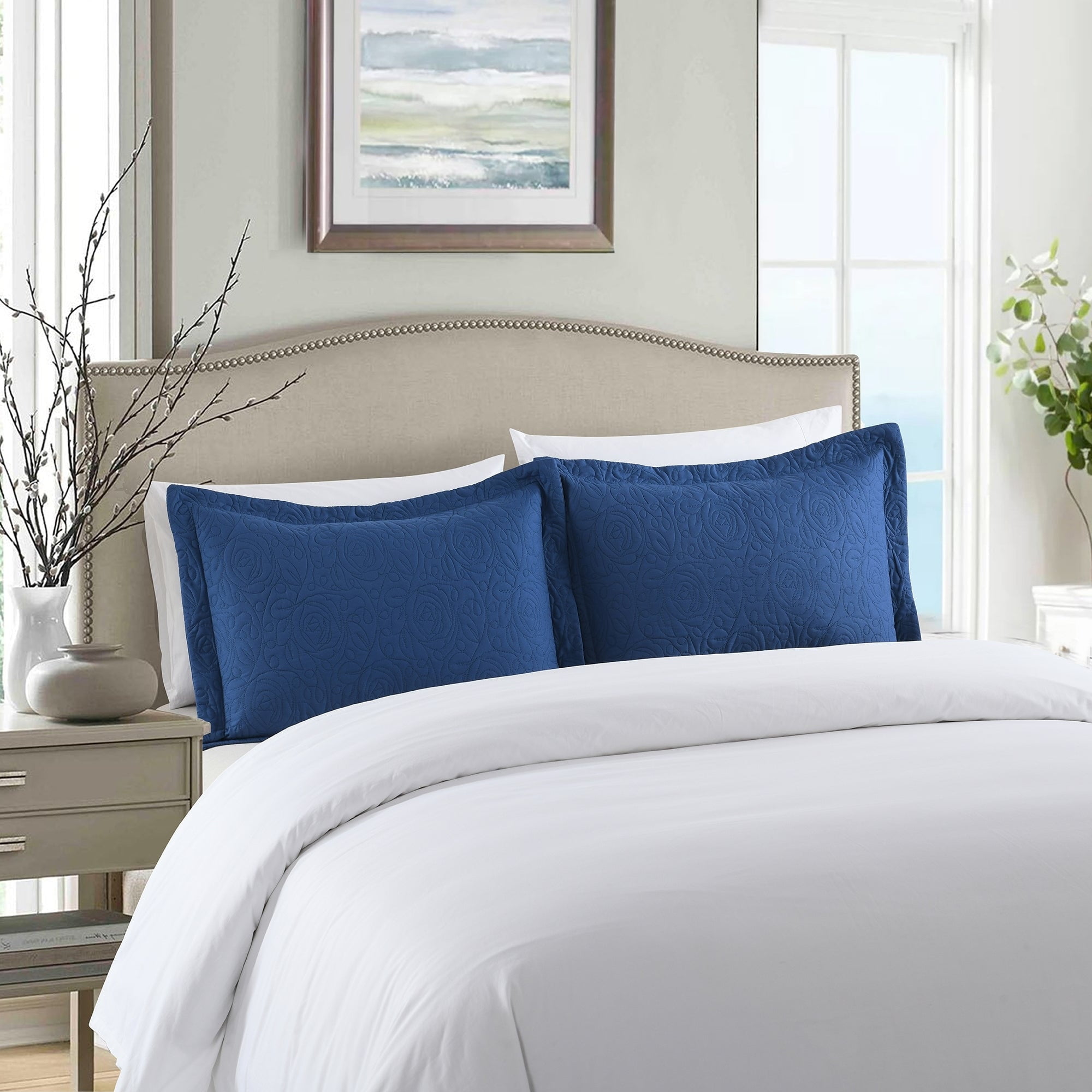 True Navy King Size Embroidered Cotton Polyester Pillow Shams