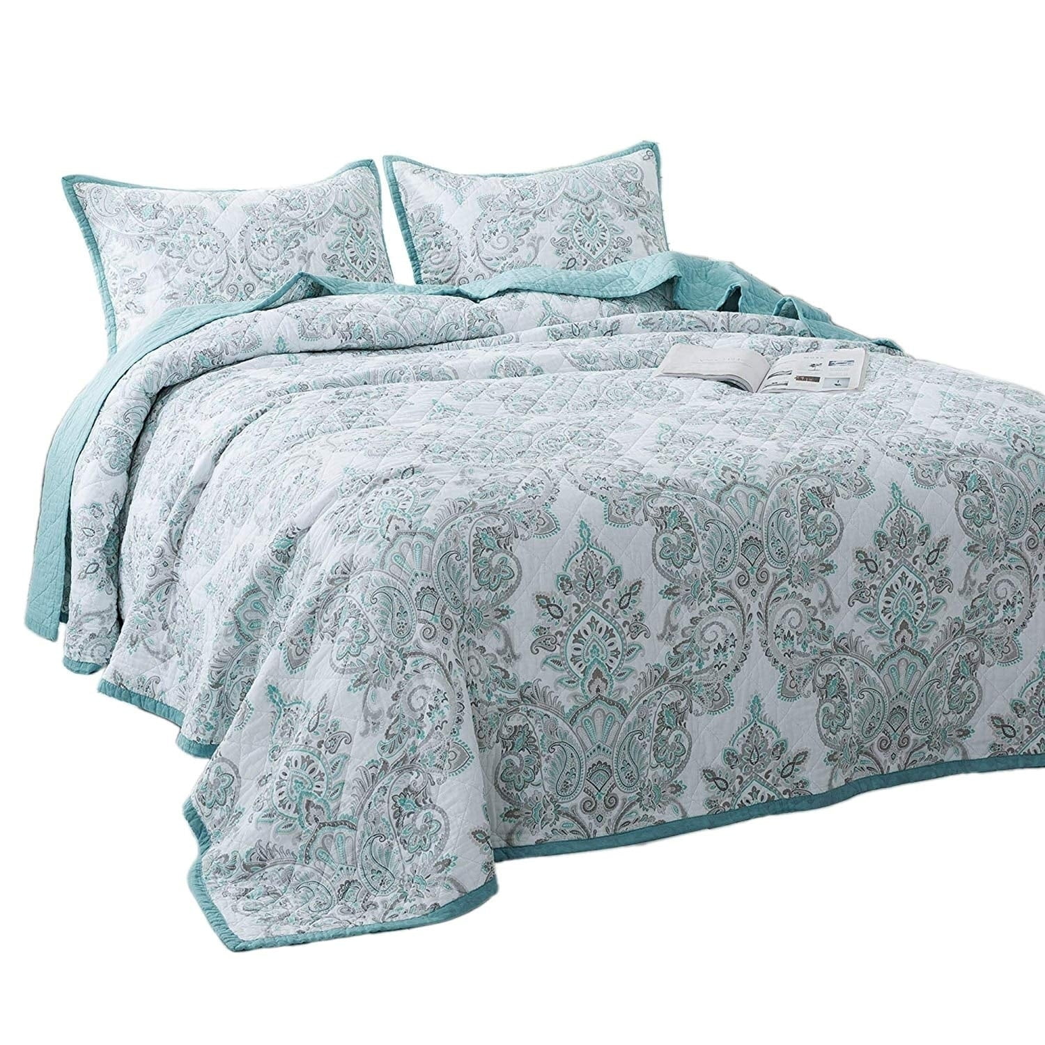 Green Cotton Twin Reversible Floral Bedspread Set