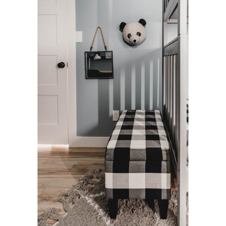Porch & Den Minna Decorative Storage Bench Black Plaid Wood, Fabric Plaid Pattern Mid-Century Modern Fabric