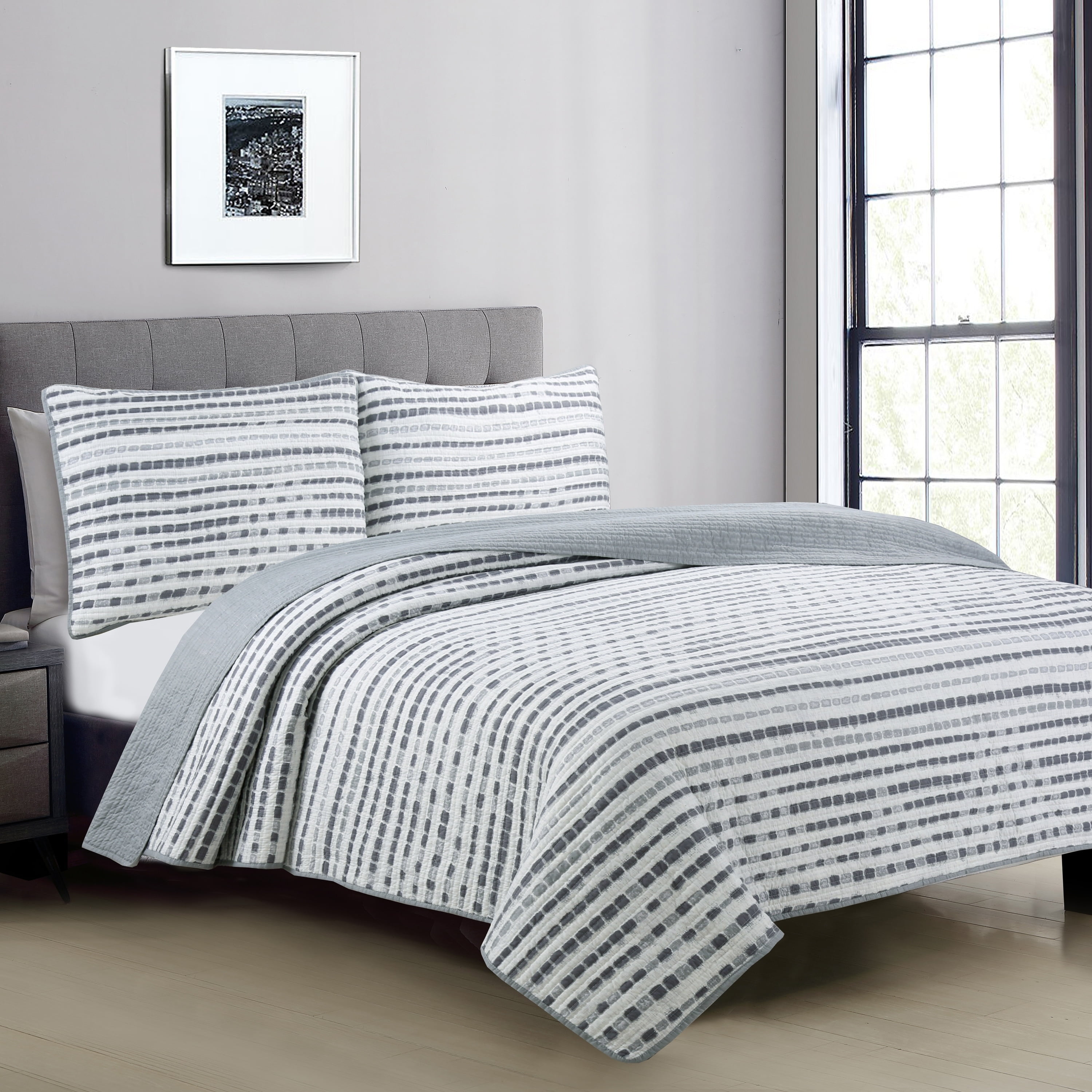 Nara King Gray Reversible Microfiber Quilt Set
