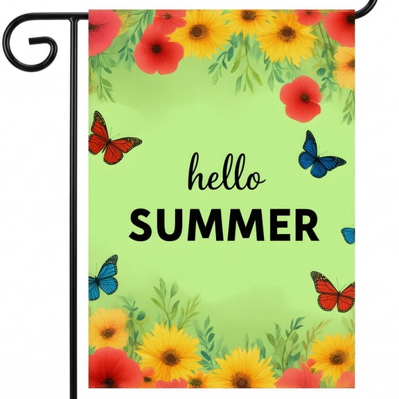 Porch Flags for Outside 28x40 Double Sided Summer Hello Summer Flag Raising for Minimalist Outdoor Sign with Green Background Flowers and Butterflies Summer.
