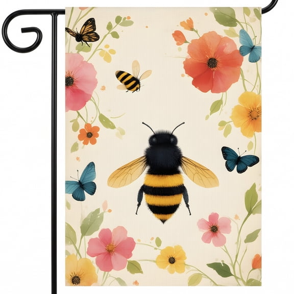 Porch Flags for Outside 28x40 Double Sided Summer A drawing of a bee surrounded by flowers and butterflies Sunshine Outdoor Decor For Garden Path Greetings.