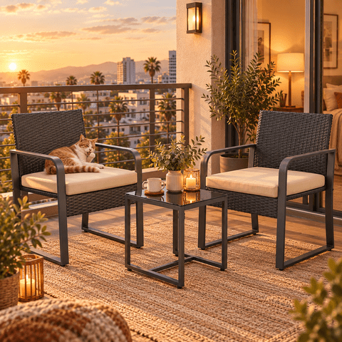 Porch Furniture Sets, Gizoon 3 PCS Patio Wicker Chairs Set with Tempered Glass Table for Poolside, Beige Cushion
