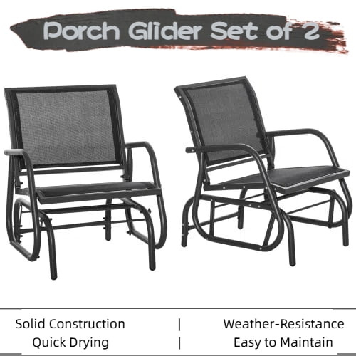 Porch Glider Set of 2, Metal Frame Swing Glider Chairs with Breathable Mesh Fabric, Curved Armrests and Steel Frame for Garden, Poolside, Backyard, Balcony, Black