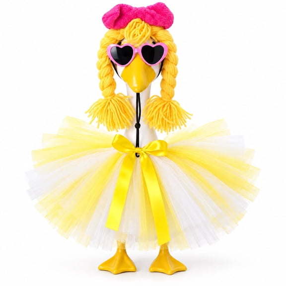 Porch Goose Outfits for 23 Inch Goose Statues, Yellow Decorative Skirt, Hair Accessory and Heart Sunglasses for Garden Lawn Patio Yard Decoration