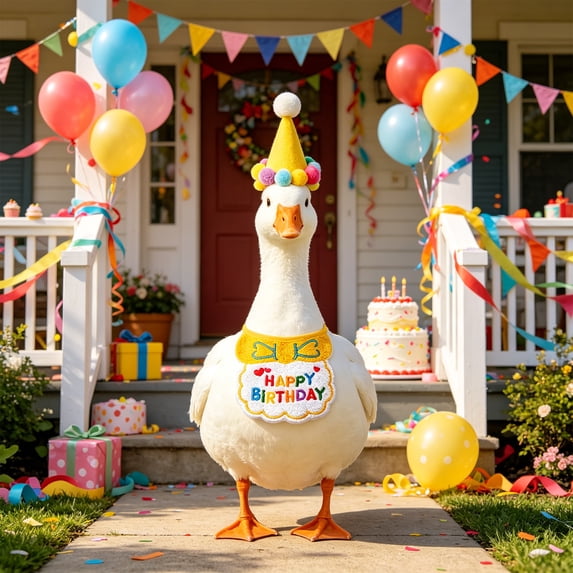 Porch Goose Birthday Hat and Bib Set for 23 Inch Goose Statue, Birthday Party Goose Outfit Decoration, Lawn Goose Accessories for Garden Porch Patio Yard Celebration Display