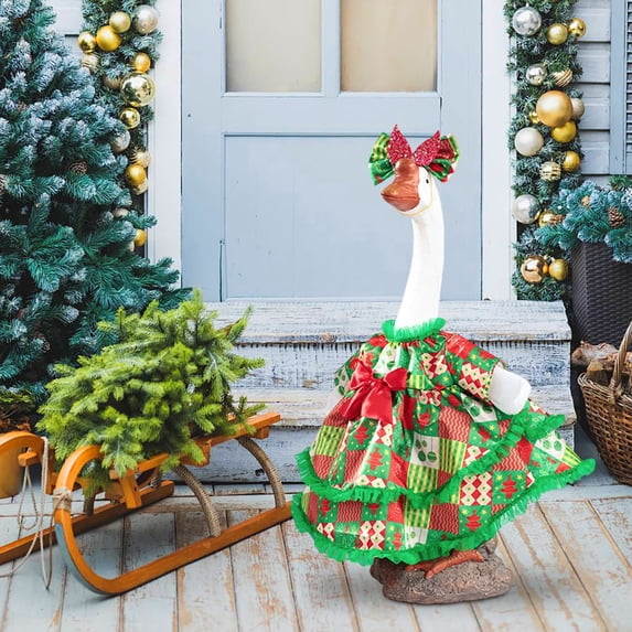 Porch Goose Christmas Clothes Fits 23" Statue Goose - 2Pcs Red Green Patchwork Print Dress with Plaid Sequin Bow Headband - Christmas Goose Costumes for Outdoor Lawn Garden Yard Patio Decor - Akmoler