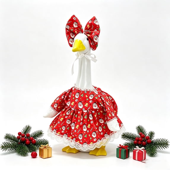Porch Goose Christmas Dress Set, Cloth Red Outfit with Reindeer Antlers, Soft Fabric Easy On-off Design, for 23in Yard Statue Front Door Holiday Decor