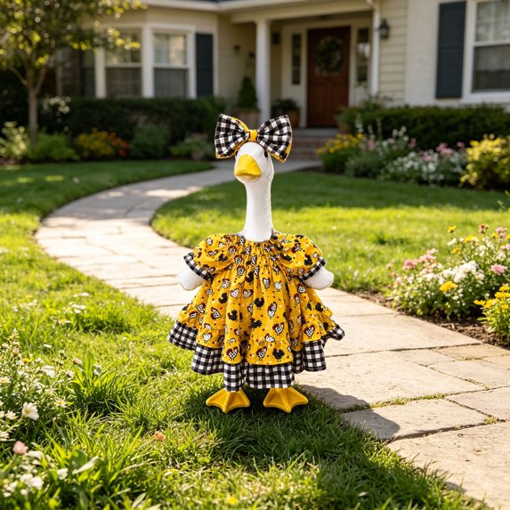 Porch Goose Clothes for 23in Goose Statue - Spring Yellow Dress with Large Gingham Bow Headband - Rustic Farmhouse Easter Summer Patio Yard Lawn Decor - Akmoler