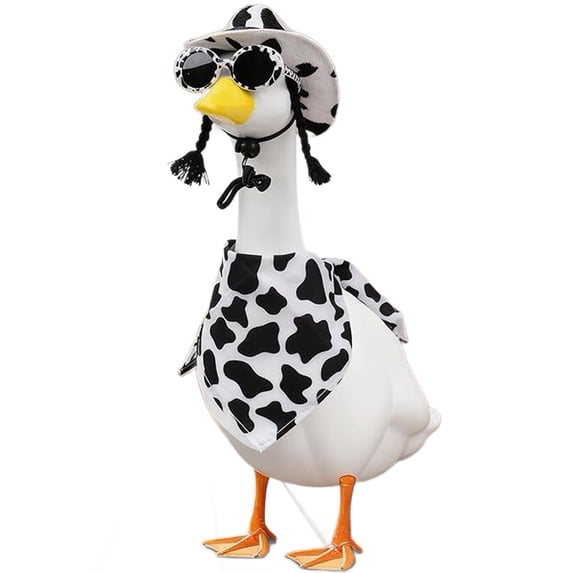 Porch Goose Cow Outfit, Cute Hat Bandana and Glasses Cement Goose Costume, Farm Cow Garden Lawn Art Outfits Party Decor for 23" Geese Statue