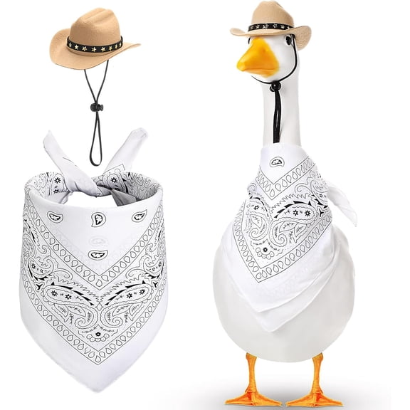 Porch Goose Cowboy Outfit – Western Hat & Bandana Set for 17"/23" Lawn Goose Decor(White, Beige)