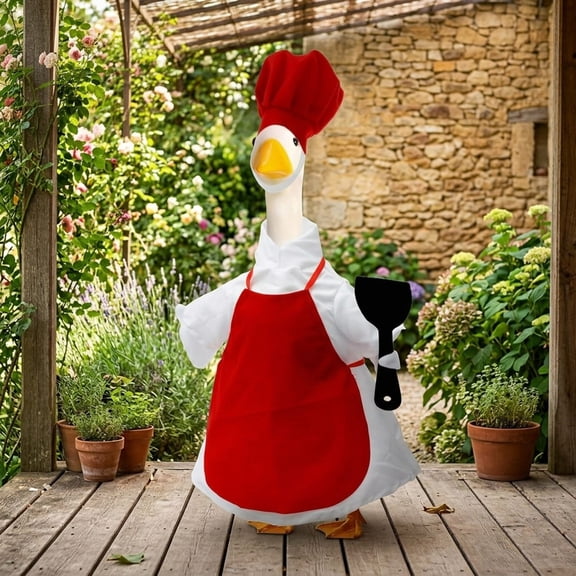 Porch Goose Dress Up Outfit Garden Goose Red Chef Apron with Chef Hat Mini Spatula Prop Weather Resistant Goose Clothingf for Front Porch Lawn Backyard Garden Yard Decor