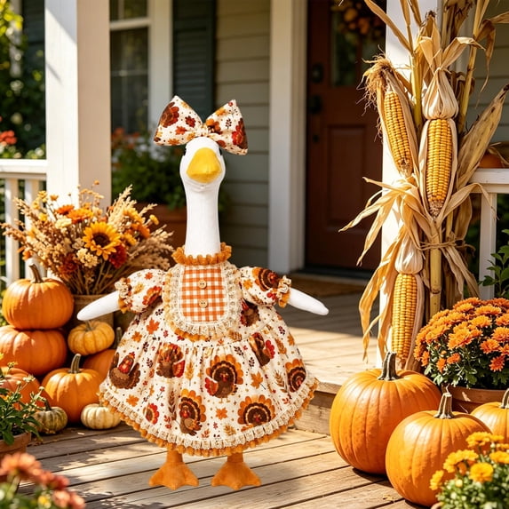 Porch Goose Fall Outfit Set,Pumpkin Floral Plaid Dress with Bow Hat for Garden Yard Statue,Halloween Thanksgiving Decor Gift