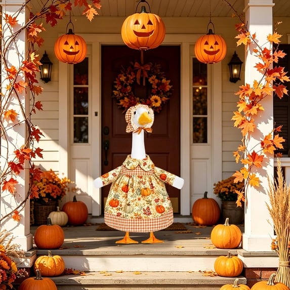 Porch Goose Fall Outfit Set,Pumpkin Floral Plaid Dress with Bow Hat for Garden Yard Statue,Halloween Thanksgiving Decor Gift