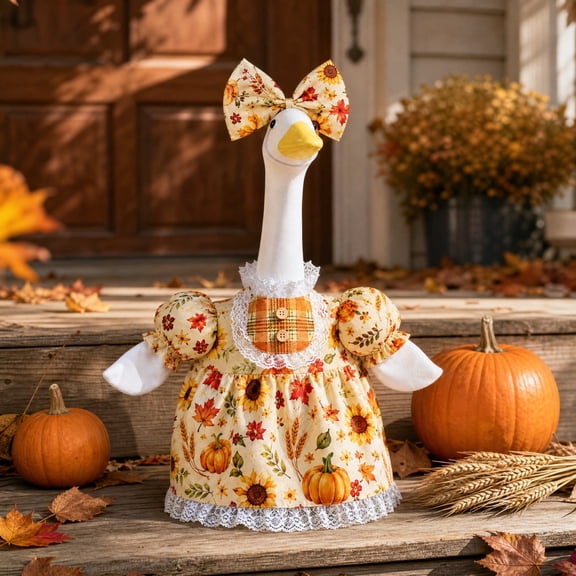 Porch Goose Fall Thanksgiving Costumes Set Sunflower Pumpkin Maple Leaf Print Dress With Bow Outfit