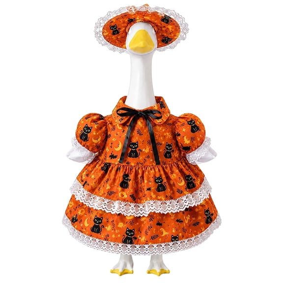 Porch Goose Halloween Outfit 19-23 Inch Orange Vintage Dress with Black Cat Print Lace Hat for Outdoor Front Porch and Yard Garden Seasonal Decor