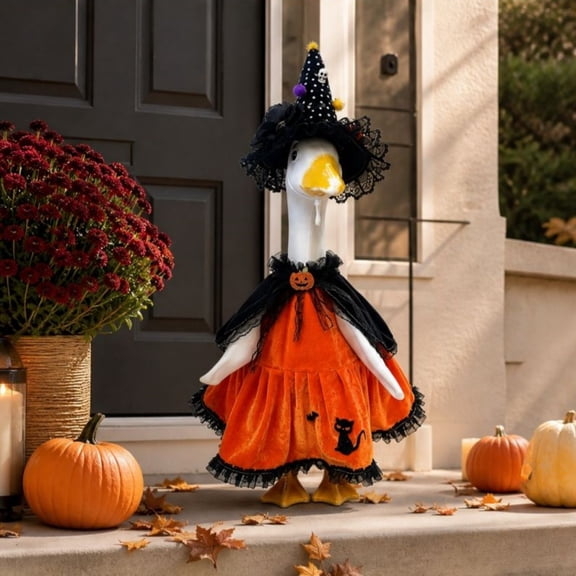 Porch Goose Halloween Outfit for 19-23 Inch Statue Orange Velvet Witch Dress with Black Cape and Polka Dot Hat for Outdoor Front Porch Garden Seasonal Decor