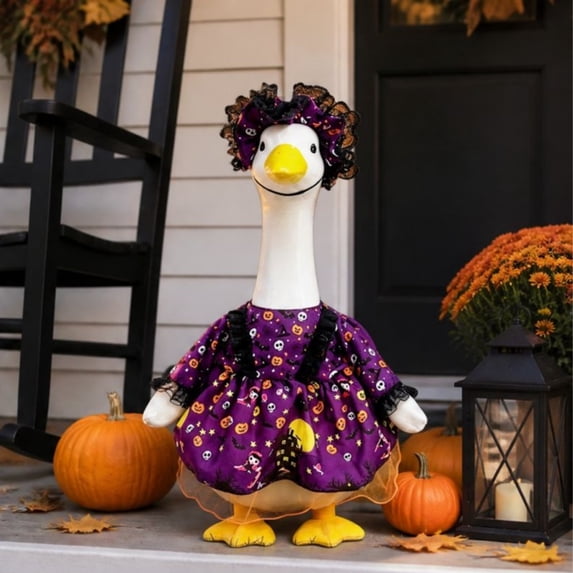 Porch Goose Halloween Outfit for 19-23 Inch Statue Purple Pumpkin Castle Dress with Matching Lace Hat Weather Resistant Outdoor Front Porch Patio Garden Yard Decor