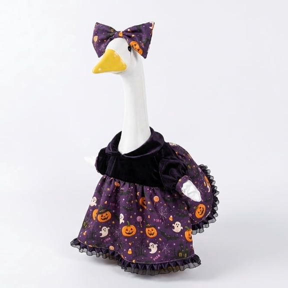 Porch Goose Halloween Outfit, Pumpkin Ghost Print Costume Set for 17-23" Lawn Statue,Purple