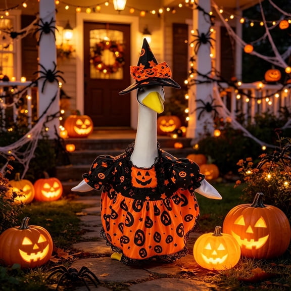 Porch Goose Halloween Witch Outfit Pumpkin Star Print Lace Trim Statue Goose Dress with Witch Hat Seasonal Yard Goose Statue Clothes for Front Lawn Porch Outdoor Halloween Decor