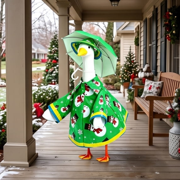 Porch Goose Outfit 5Pcs Christmas Goose Raincoat with Hat & Umbrella Snowman Printed Statue Goose Dress‑Up Clothing for 23 Inch Yard Goose Outdoor Porch Courtyard Garden Holiday Decoration Green