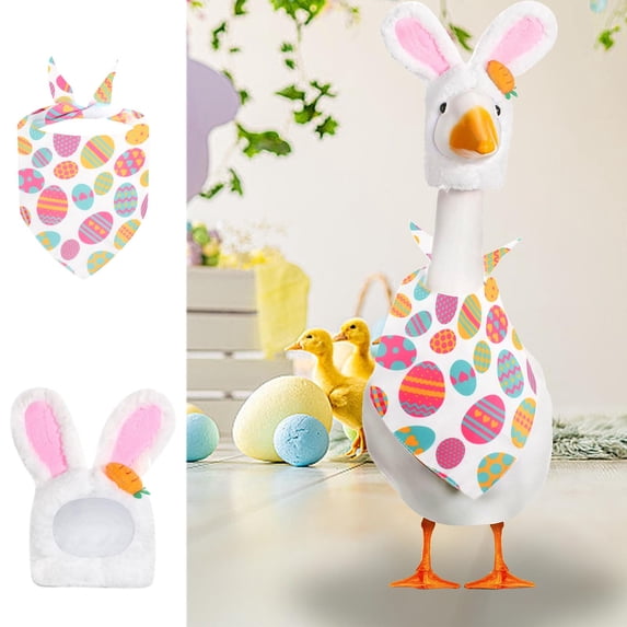 Porch Goose Outfit, Cute Rabbit Ear Hat and Eggs Scarf Porch Duck Clothes Set, Lawn Garden Goose Costumes for the 23" Cement or Plastic Goose Statue of Holiday Party
