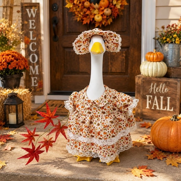 Porch Goose Outfit Fall Dress Set, Maple Leaf Pumpkin Floral Goose Clothes with Lace Trim Seasonal Decoration Reusable Costume, Thanksgiving Yard Decor for Porch Patio Garden Farmhouse Display