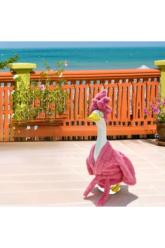 Porch Goose Outfit - Plush Bathrobe with Spa Headwrap and Cucumber Eyes, Funny Outdoor Decor for Spring & Summer - Great for 23in Goose Statue - Pink