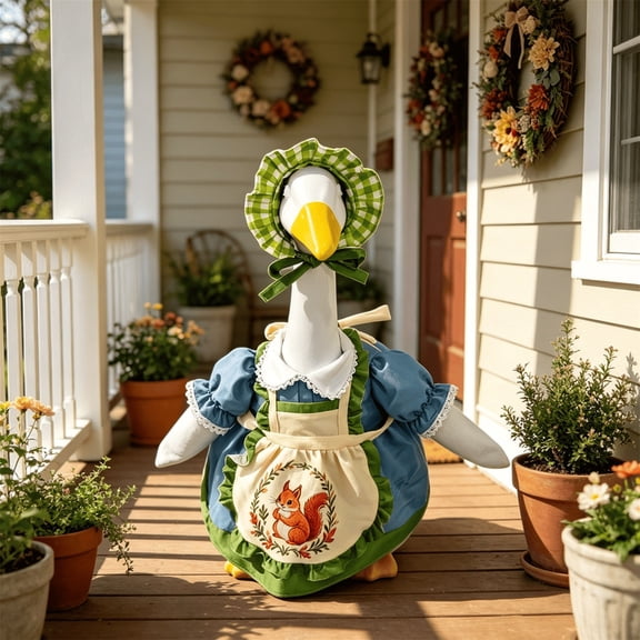 Porch Goose Outfit Set for 23-Inch Door Goose, Cottagecore Blue Dress with Green Gingham Bonnet & Squirrel Embroidered Apron, Farmhouse Seasonal Decoration for Spring, Easter & Fall Porch Display