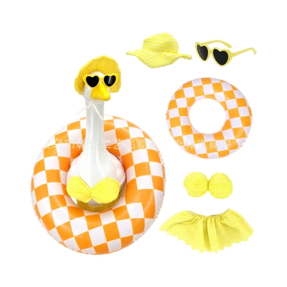 Porch Goose Outfit, Summer Goose Outfit, Palm Leaf Print Adjacent Tropical Leaf Print Lawn Goose, Pool Party Decor Patio Ornament Set, 5-Piece Yellow Checkered Porch Goose Bikini