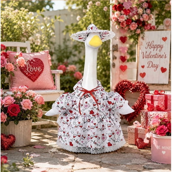 Porch Goose Outfits for 19-23 Inch Statue Heart and Arrow Print Dress with Matching Lace Hat Valentine's Day Outdoor Front Porch Patio Garden Yard Decor