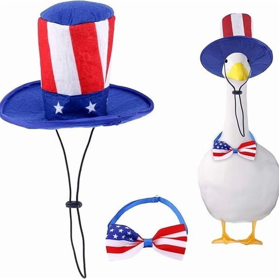 Porch Goose Outfits 2-Piece Patriotic Uncle Sam Accessory Set Fits 19-23 Inch Statues for 4th of July Front Porch Decor with Adjustable Hat and Bow Tie