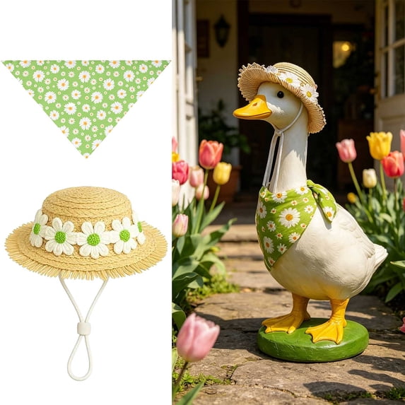 Porch Goose Outfits 2-Piece Summer Daisy Set with Straw Hat and Floral Bandana Fits 19 and 23 Inch Statues for Spring Summer Front Porch Decor 2 Colors Available