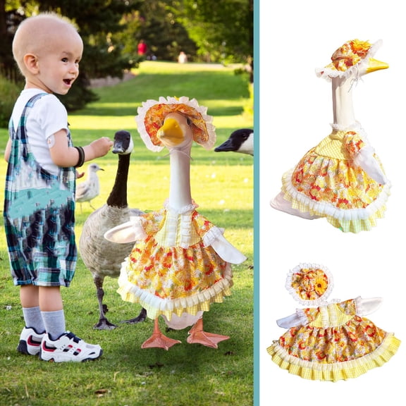 Porch Goose Outfits 2-Piece Sunflower Print Cottagecore Dress Costume Set with Lace Bonnet Fits 19 and 23 Inch Statues for Spring Summer Front Porch Decor