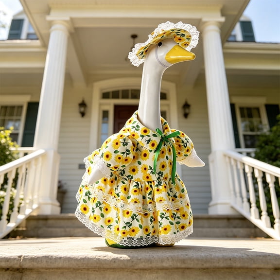 Porch Goose Outfits 2-Piece Sunflower Print Dress Costume Set with Lace Hat Fits 19 and 23 Inch Statues for Spring Summer Front Porch Decor