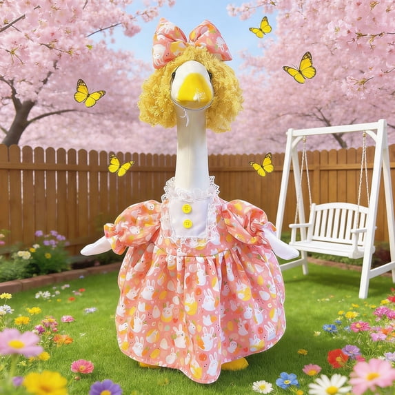 Porch Goose Outfits 3 Piece Easter Bunny Set with Pink Print Dress Bow and Curly Wig Fits 19 and 23 Inch Statues for Spring Holiday Front Porch Decor